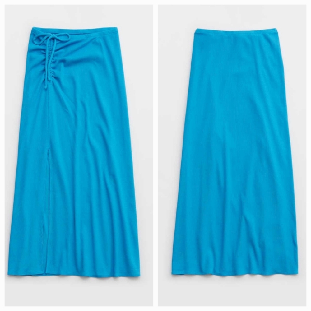 NWT Aerie Womens Beachwalk Midi Skirt Ruched Ribbed Front Slit Blue Size S